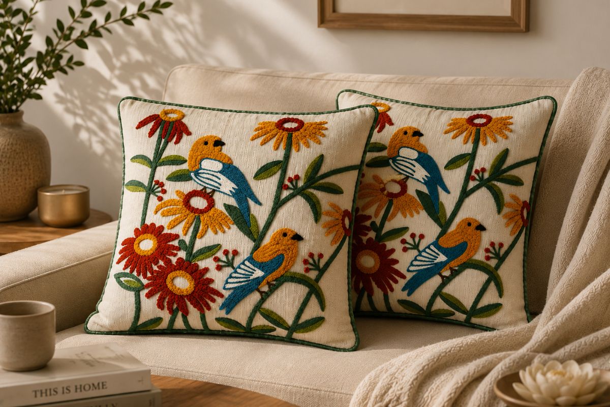 Chirping Blooms Hand Embroidered Cushion Cover ( Set of 2 )