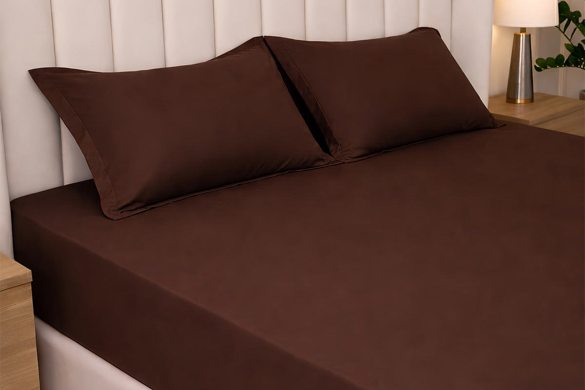 Cocoa Brown Pure Cotton Solid Fitted Bed Sheet 300 TC