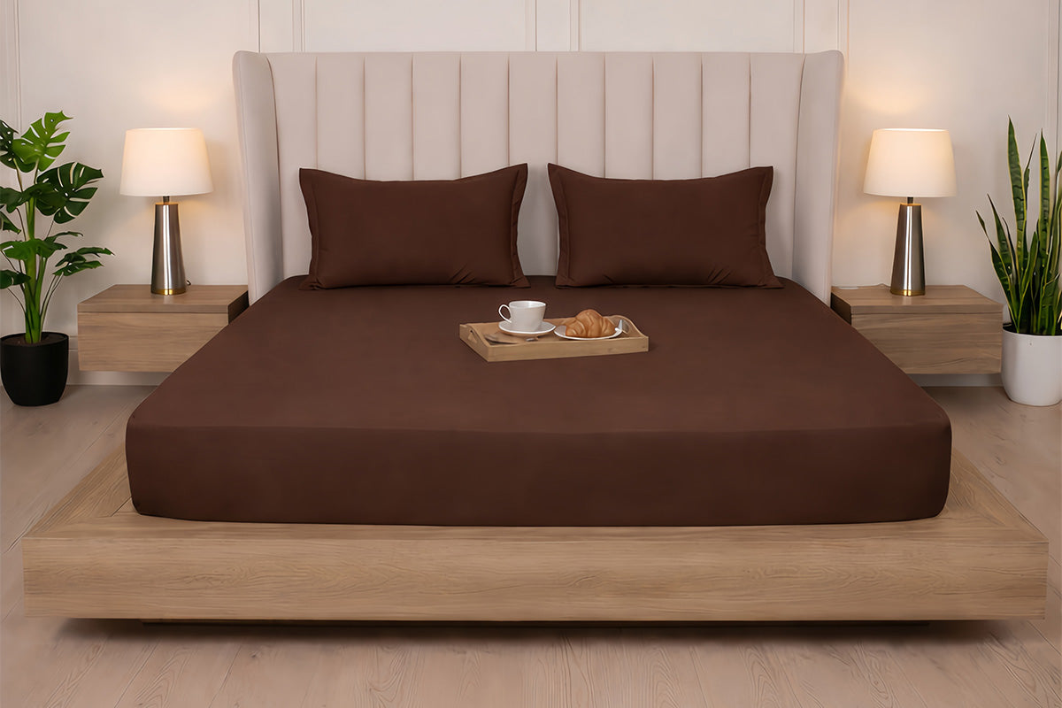 Cocoa Brown Pure Cotton Solid Fitted Bed Sheet 300 TC