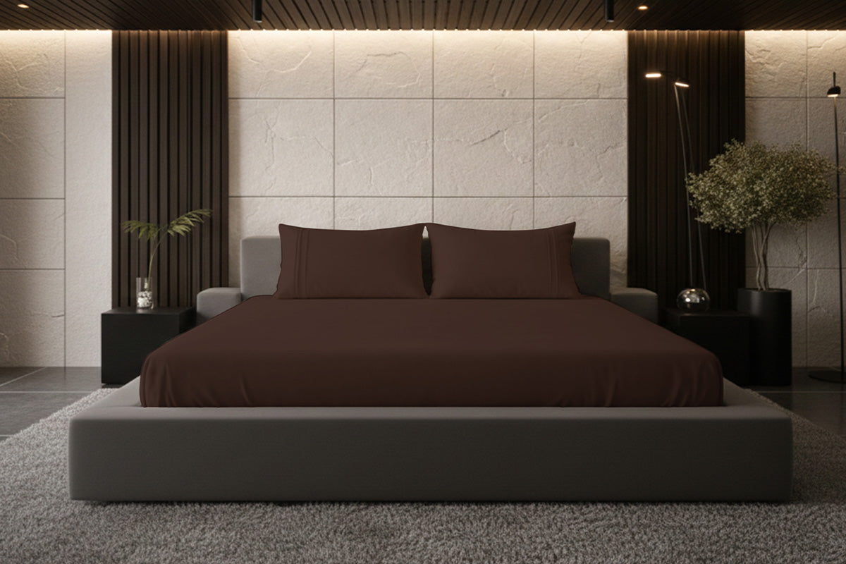 Cocoa Brown Pure Cotton Solid Fitted Bed Sheet 500 TC