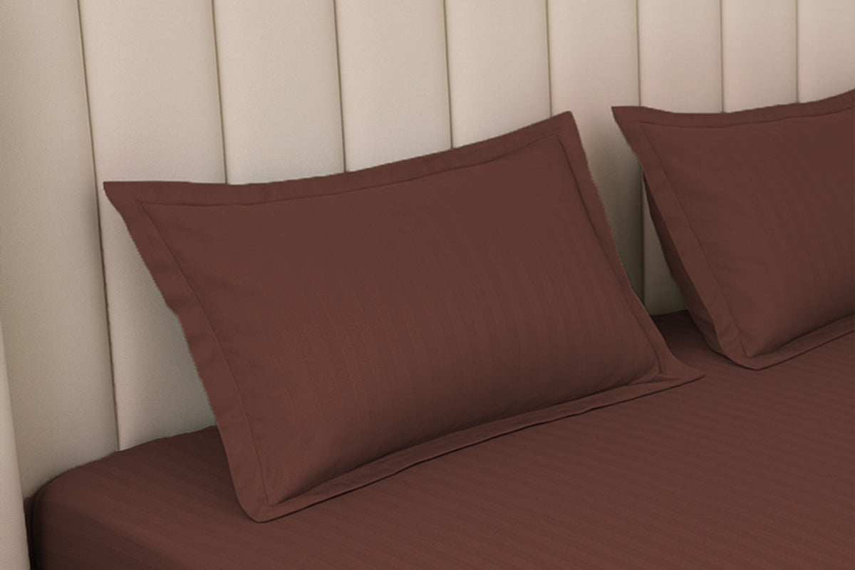 Cocoa Brown Pure Cotton Striped Fitted Bed Sheet 300 TC