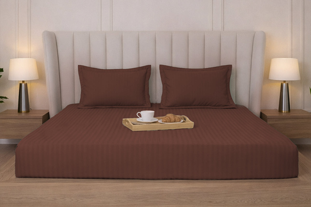 Cocoa Brown Pure Cotton Striped Fitted Bed Sheet 300 TC