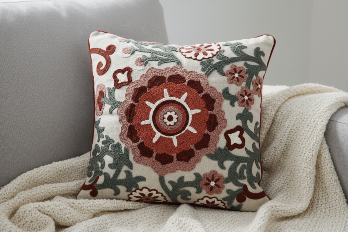 Crimson Script Hand Embroidered Cushion Cover ( Set of 2 )