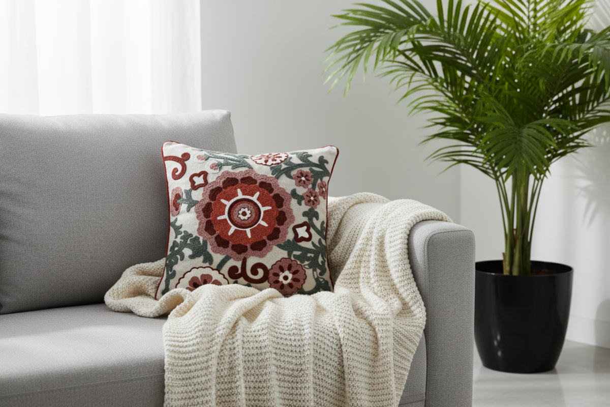 Crimson Script Hand Embroidered Cushion Cover ( Set of 2 )