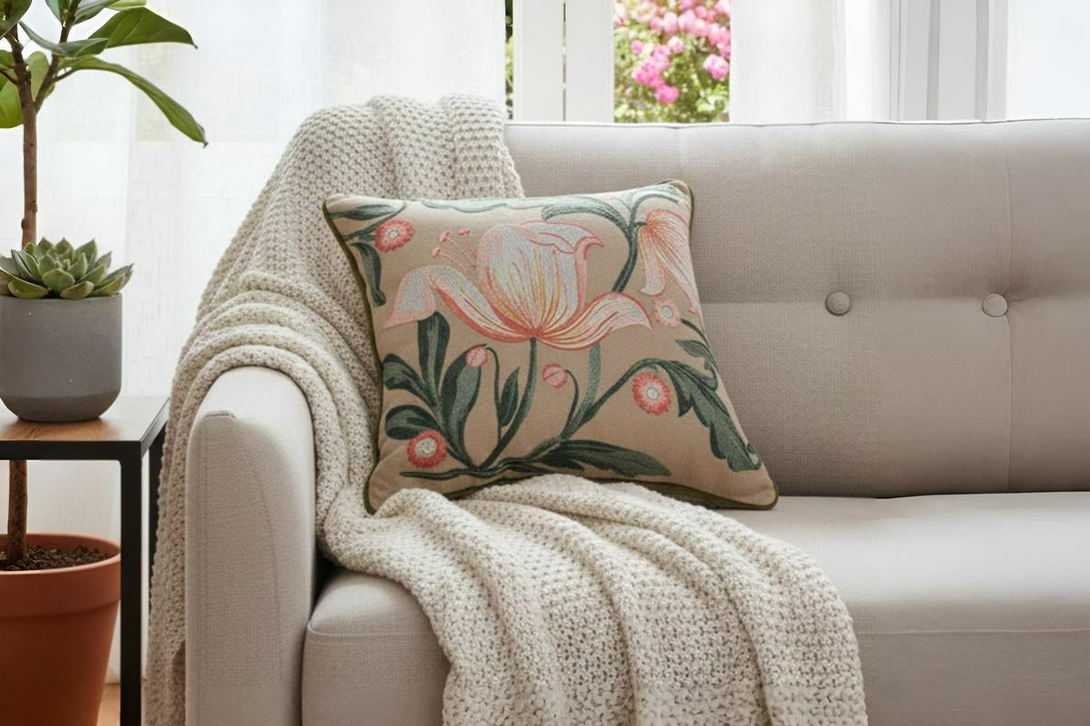 Floraison Edit - Blush Bloom Hand Embroidered Cushion Cover ( Set of 2 )