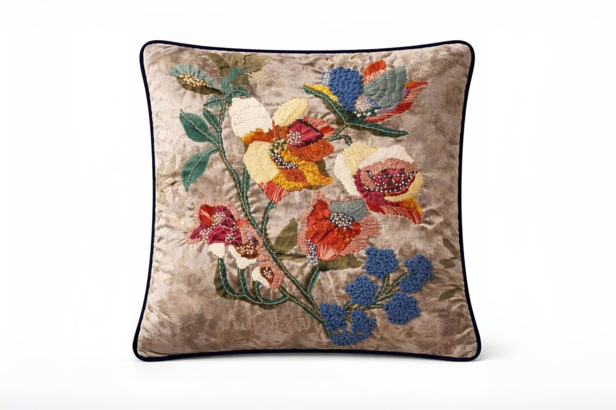 Floral Canvas Hand Embroidered Cushion Cover (Set of 2)