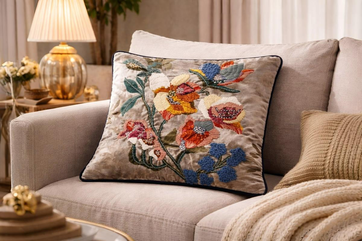 Floral Canvas Hand Embroidered Cushion Cover (Set of 2)