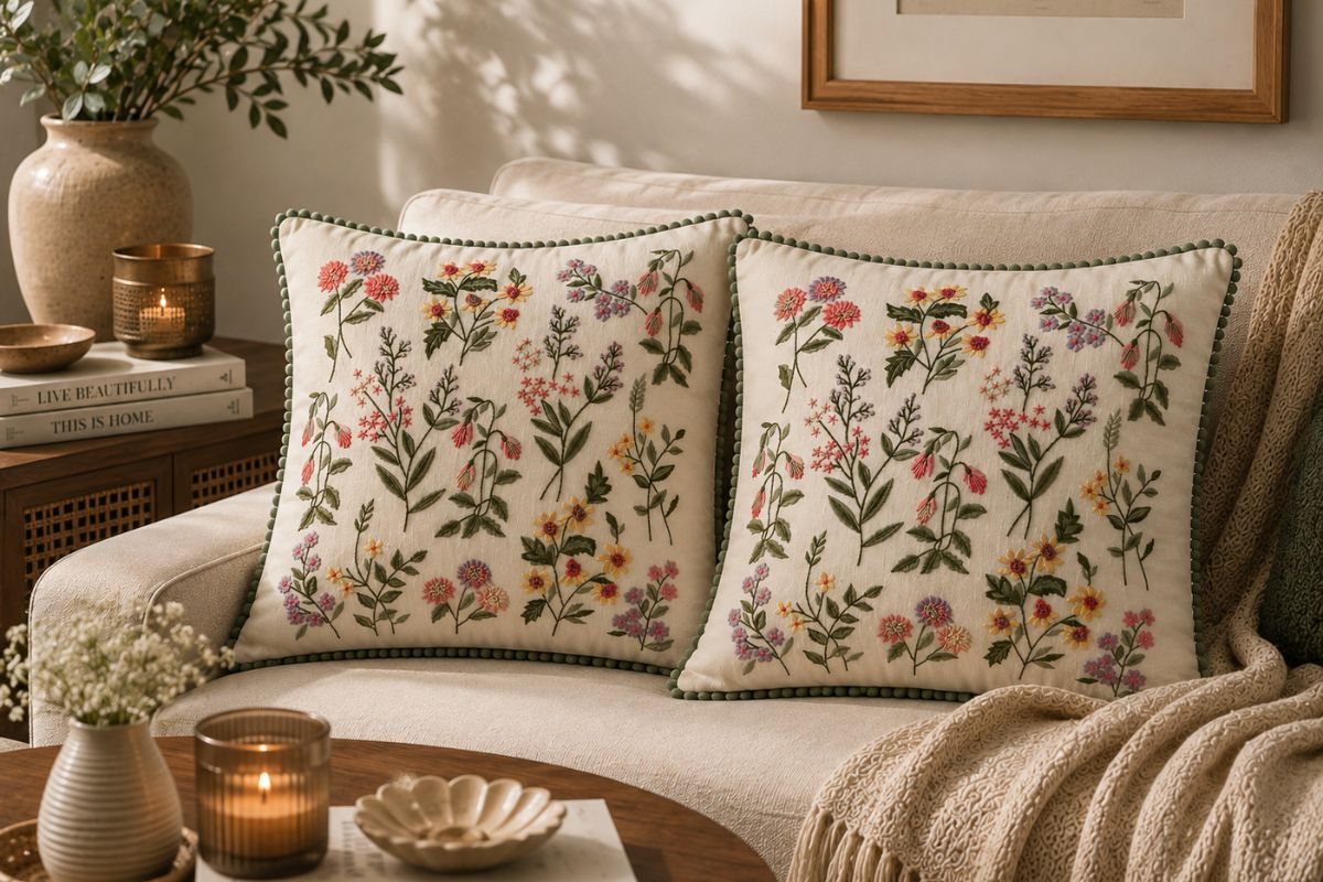 Florist Folio Hand Embroidered Cushion Cover ( Set of 2 )