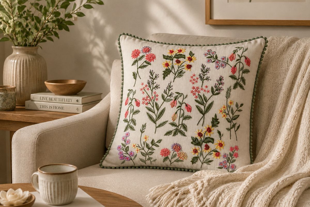 Florist Folio Hand Embroidered Cushion Cover ( Set of 2 )
