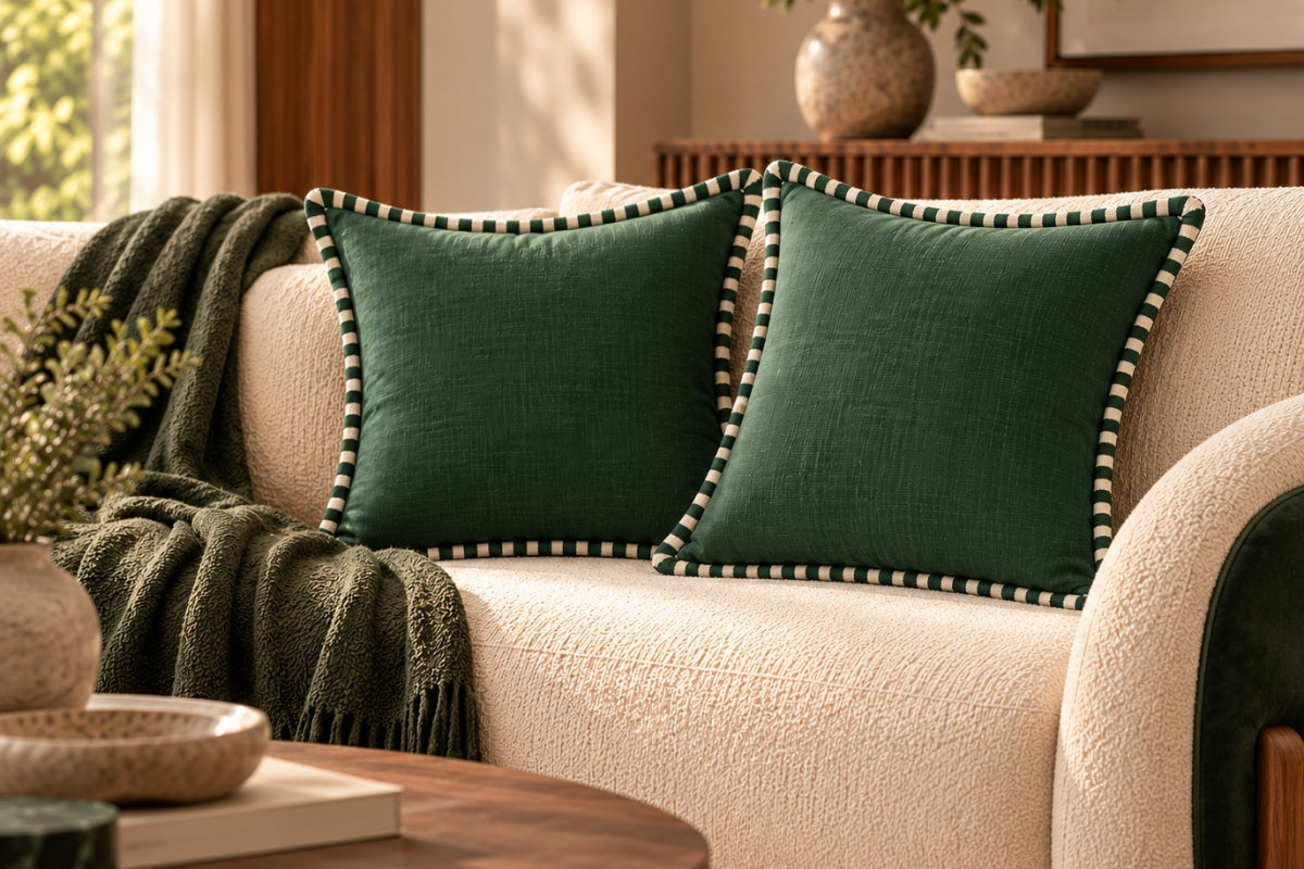 Forest Green Embroidered Cotton Slub Cushion Cover