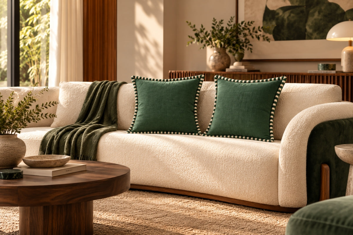 Forest Green Embroidered Cotton Slub Cushion Cover