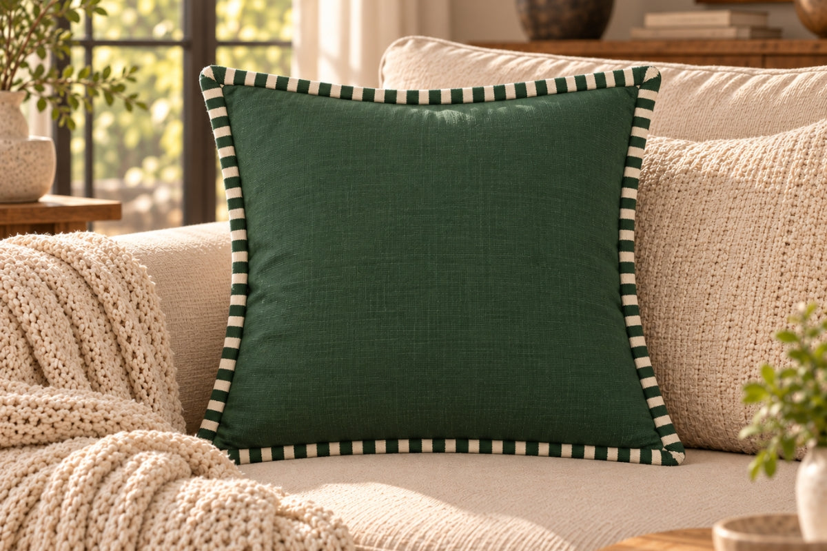 Forest Green Embroidered Cotton Slub Cushion Cover