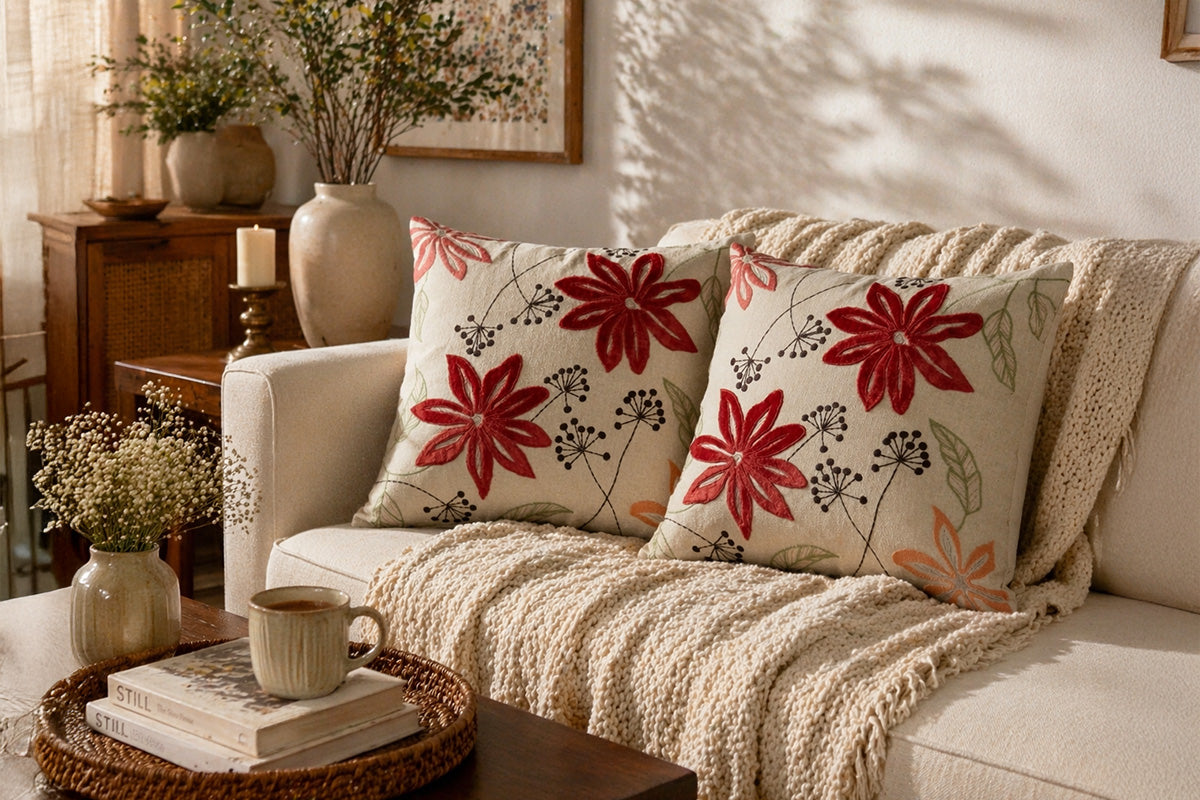 Garden Script Hand Embroidered Cushion Cover (Set of 2)