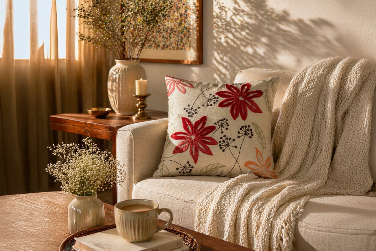 Garden Script Hand Embroidered Cushion Cover (Set of 2)