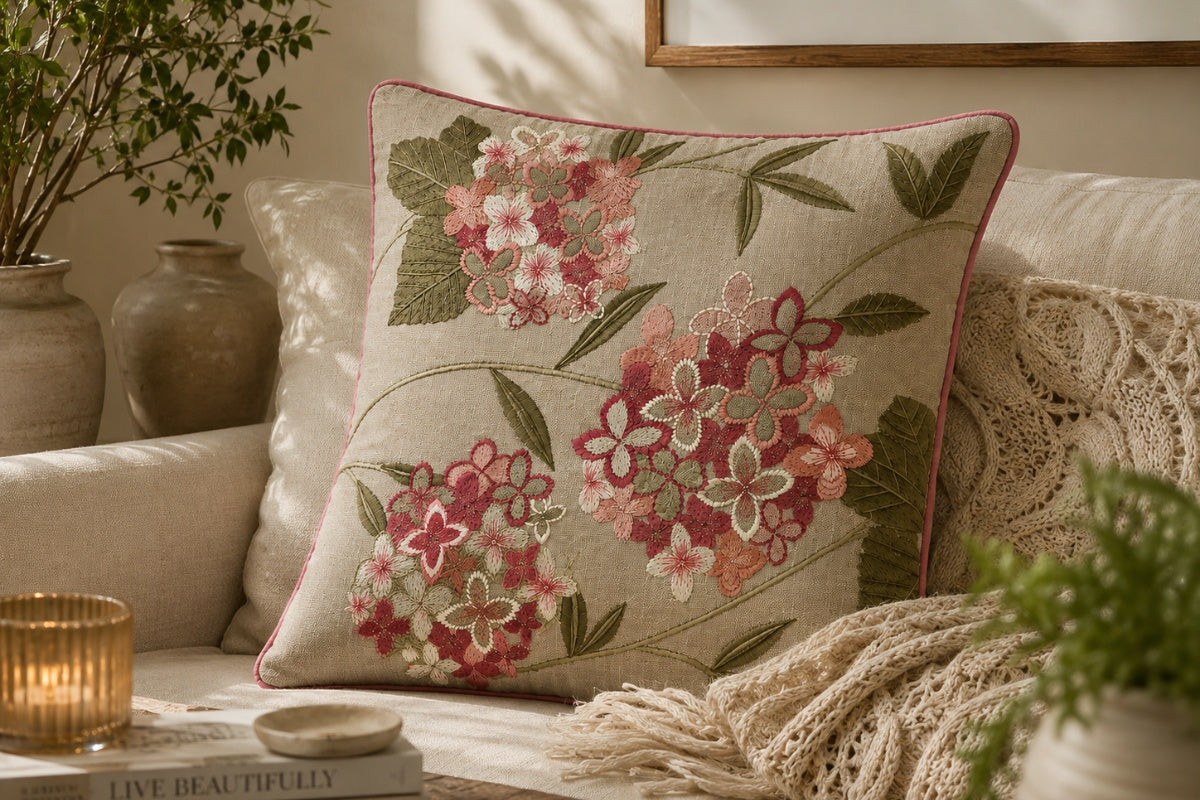 Hydrangea Chapters Hand Crafted Cushion Cover ( Set of 2 )
