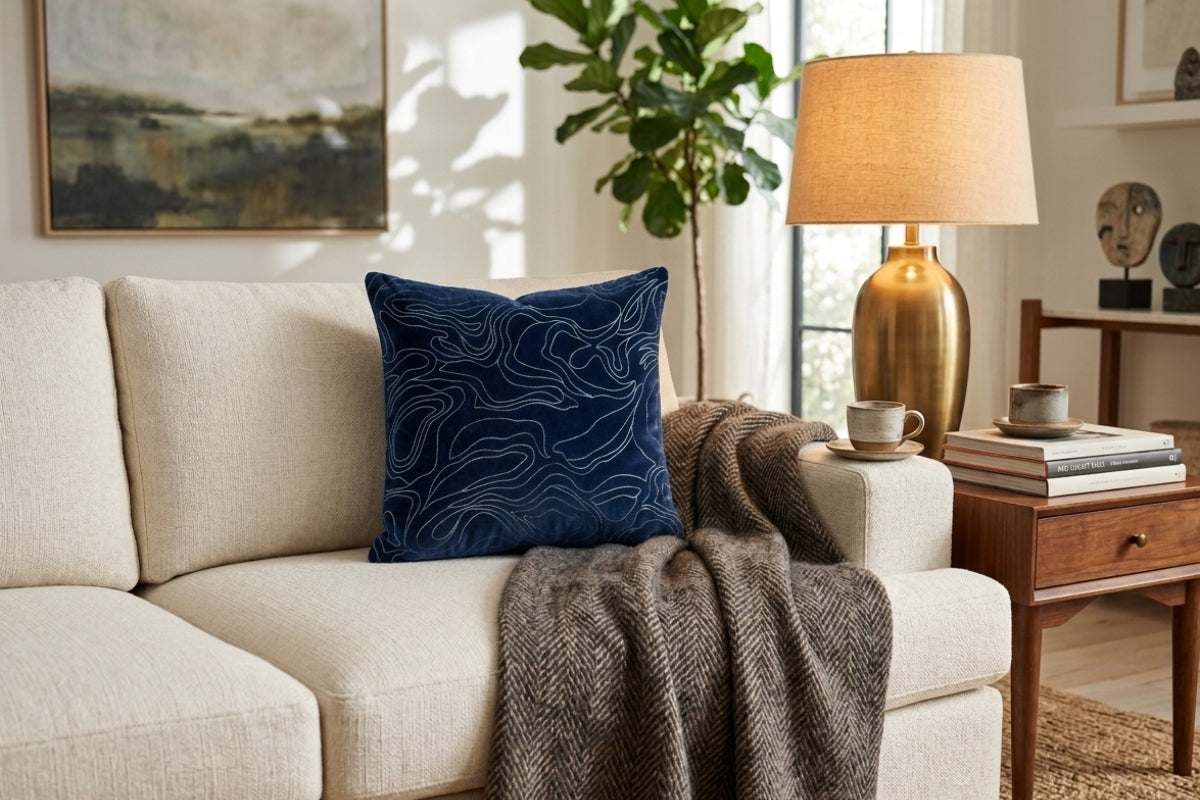 Indigo Drift lines Hand Embroidered Cushion Cover (Set of 2)