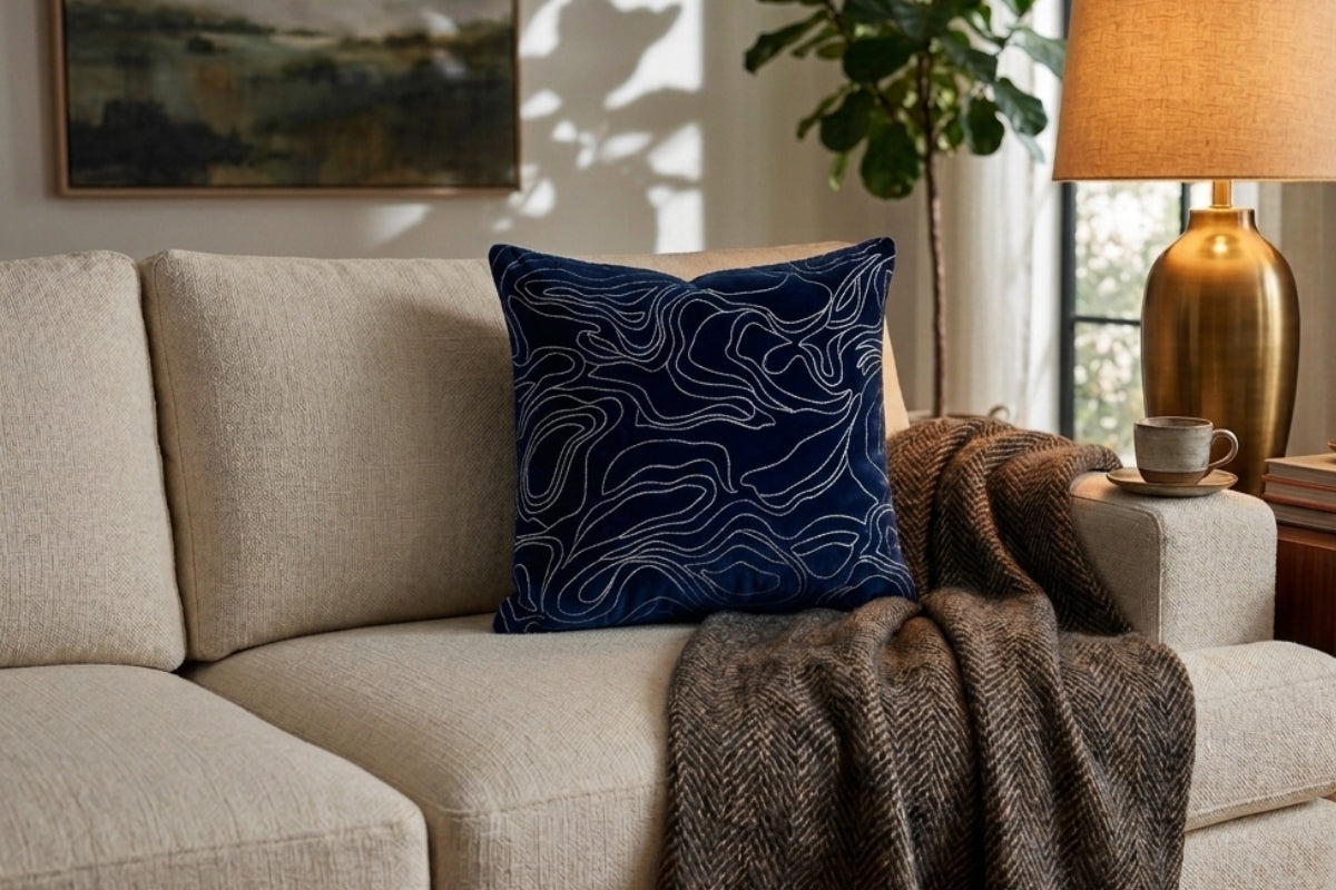 Indigo Drift lines Hand Embroidered Cushion Cover (Set of 2)