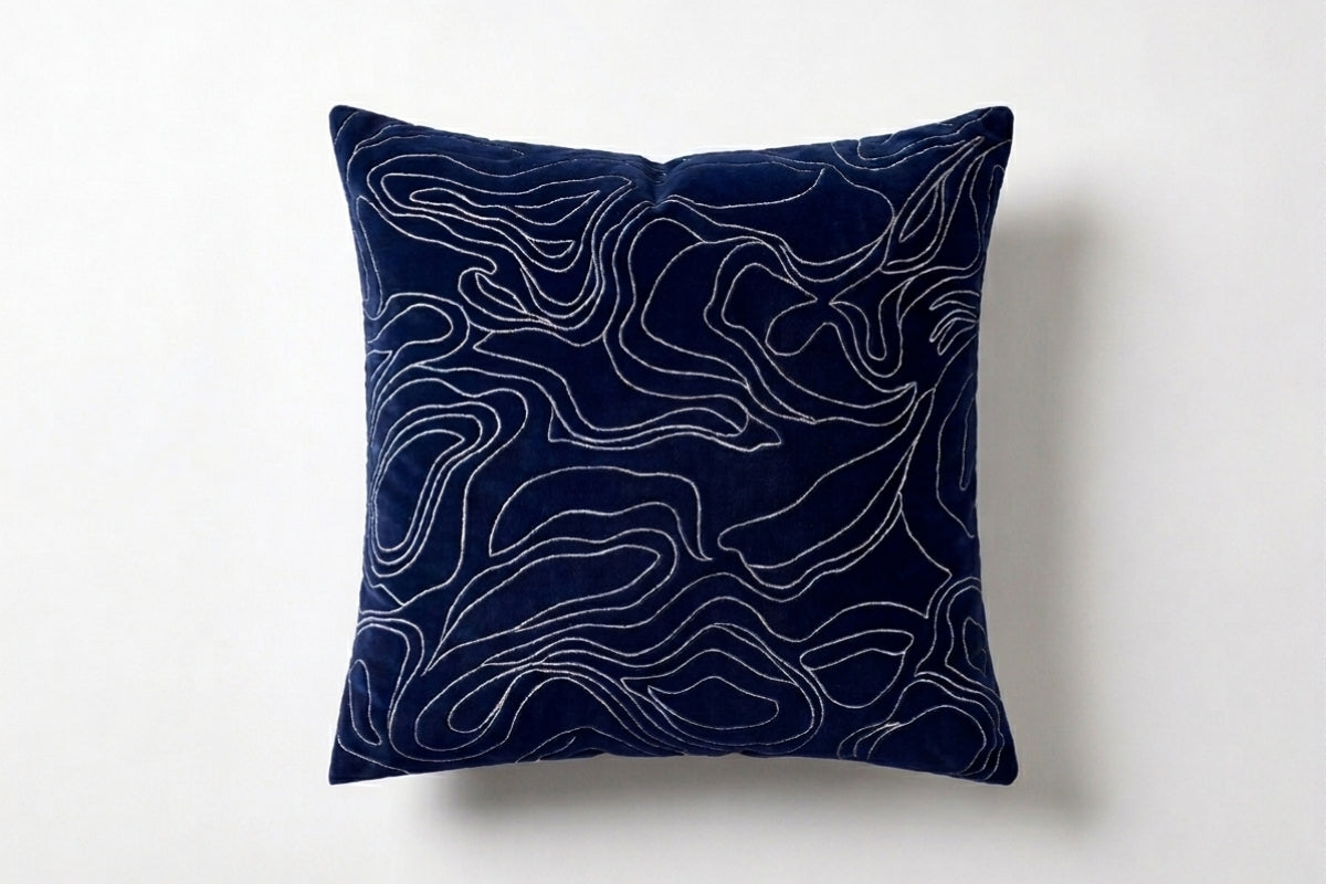 Indigo Drift lines Hand Embroidered Cushion Cover (Set of 2)