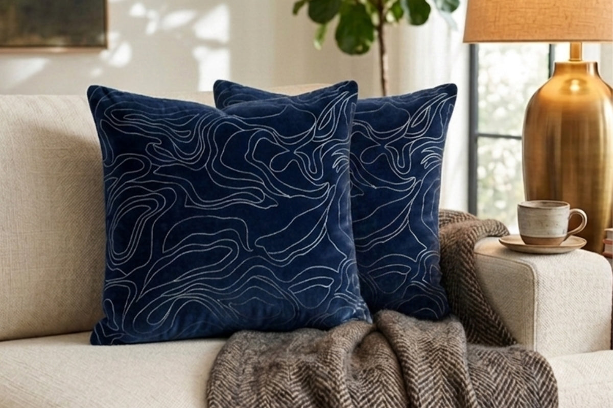 Indigo Drift lines Hand Embroidered Cushion Cover (Set of 2)