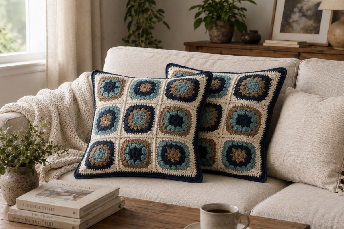 Loomie Grid Hand Embroidered Cushion Cover (Set of 2)