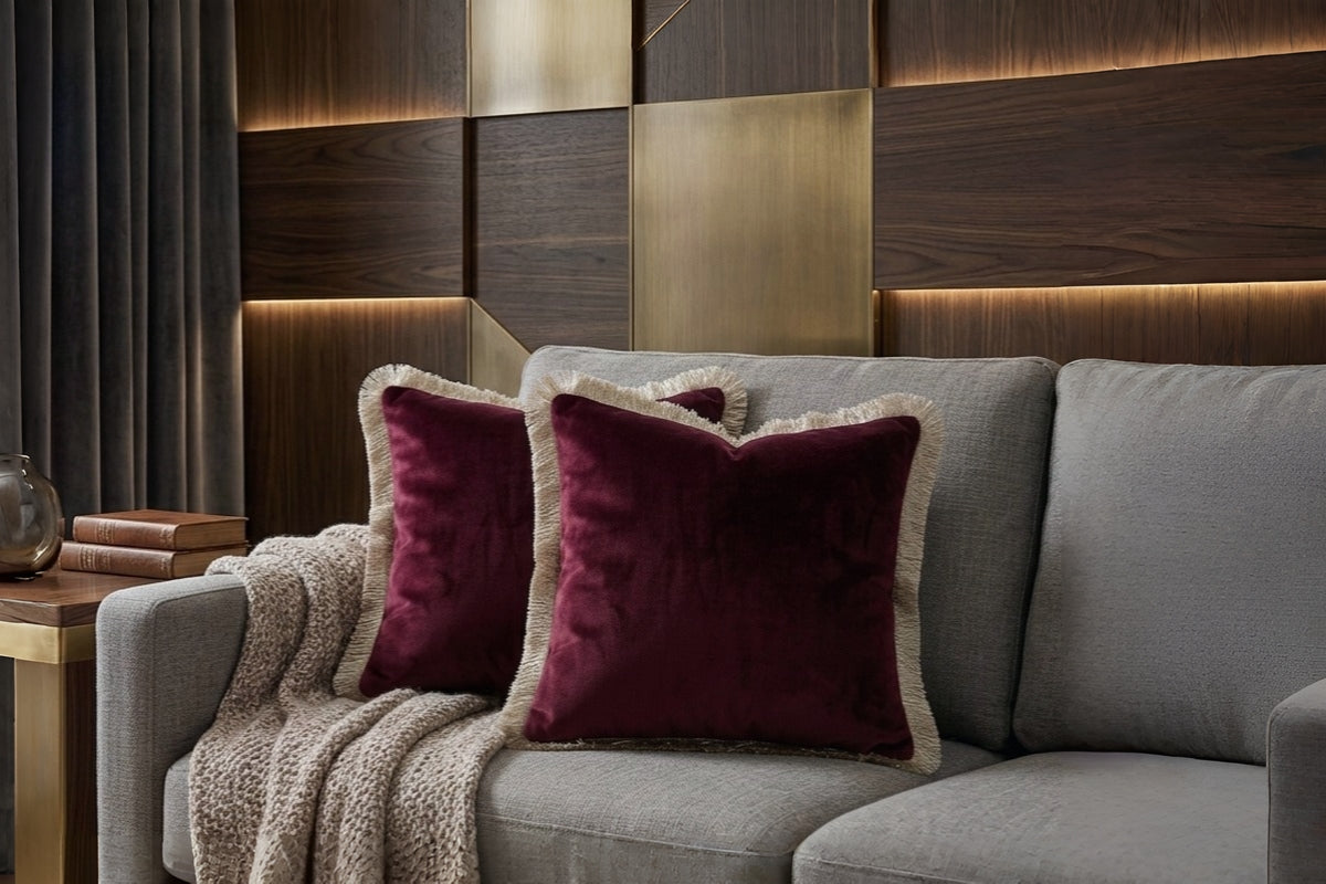 Mahroon Fringed Velvet Cushion Cover (Set Of 2)