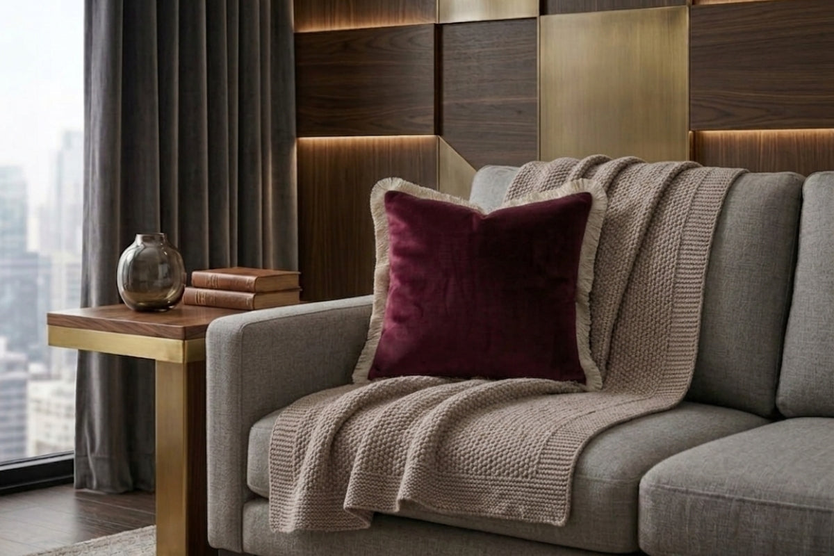 Mahroon Fringed Velvet Cushion Cover (Set Of 2)