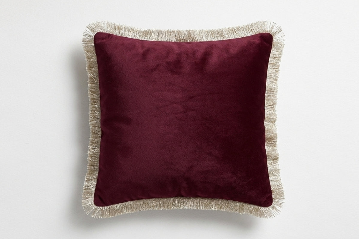 Mahroon Fringed Velvet Cushion Cover (Set Of 2)