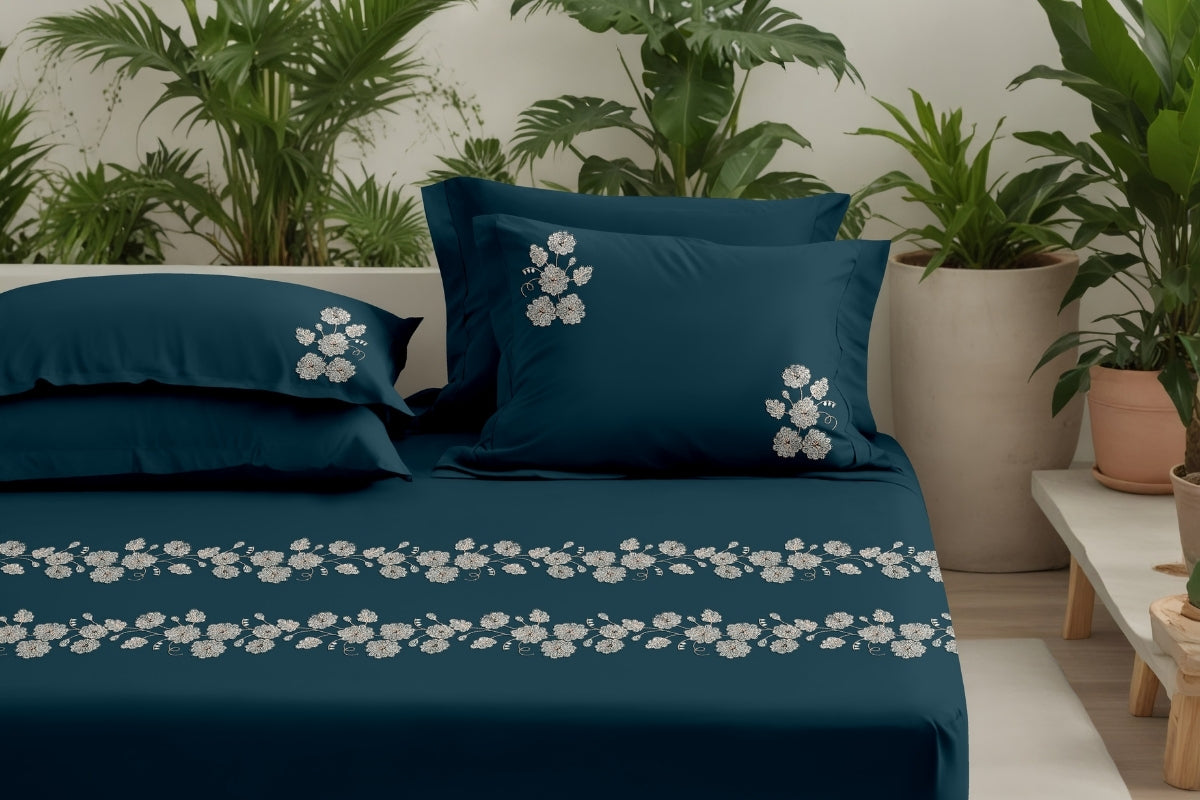 Midnight Loom - 300 TC Pure Cotton Embroidered Bedsheet