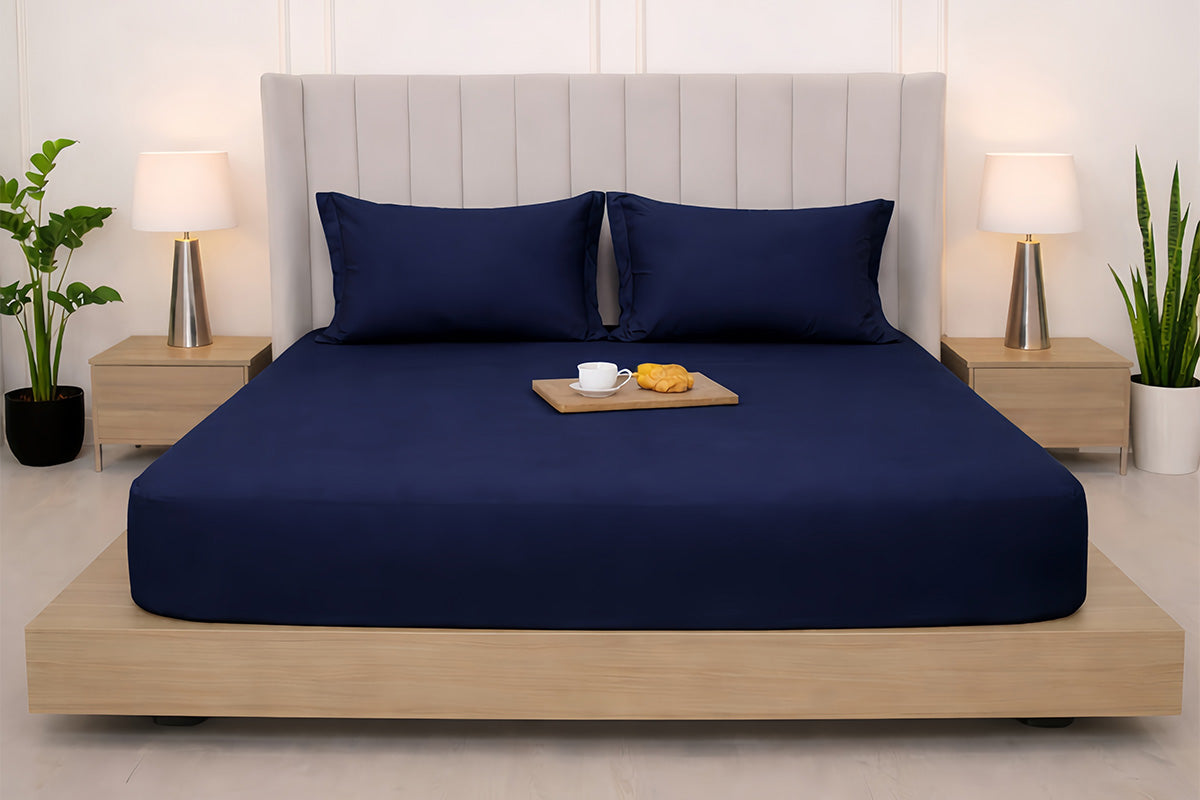 Midnight Navy Pure Cotton Solid Fitted Bed Sheet 300 TC