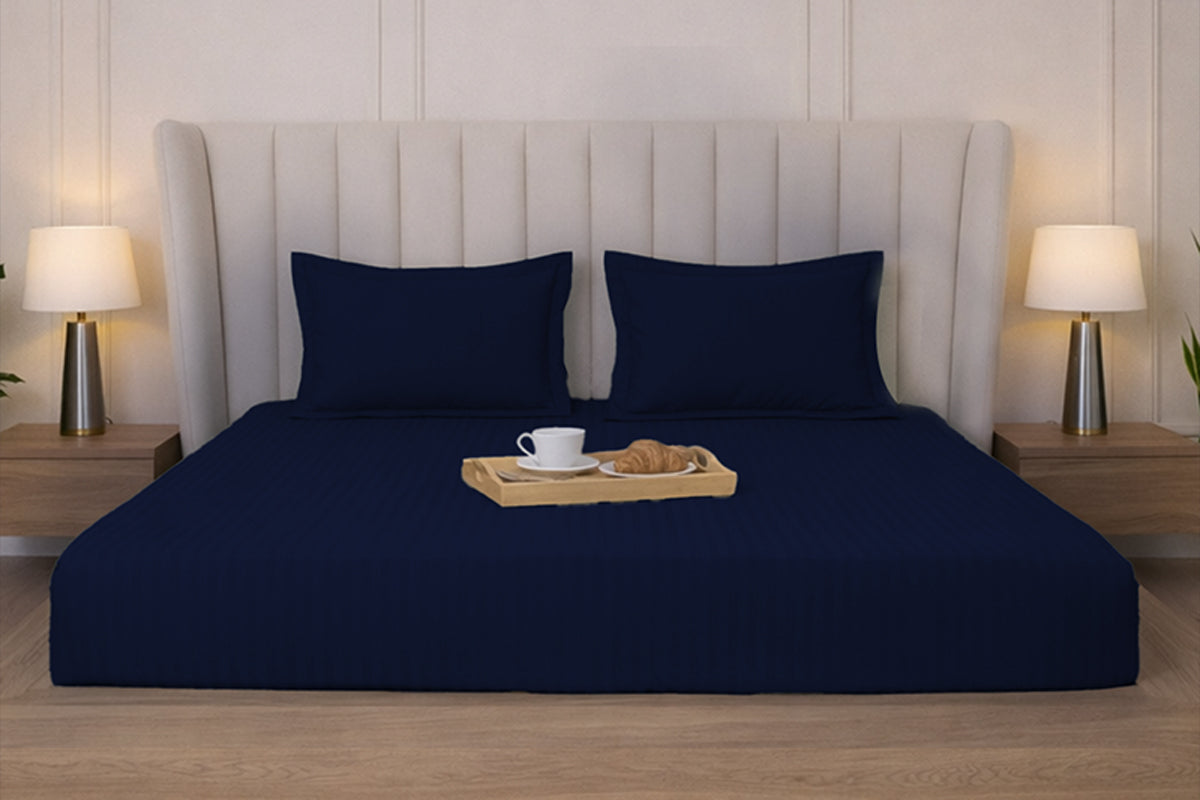 Midnight Navy Pure Cotton Striped Fitted Bed Sheet 300 TC