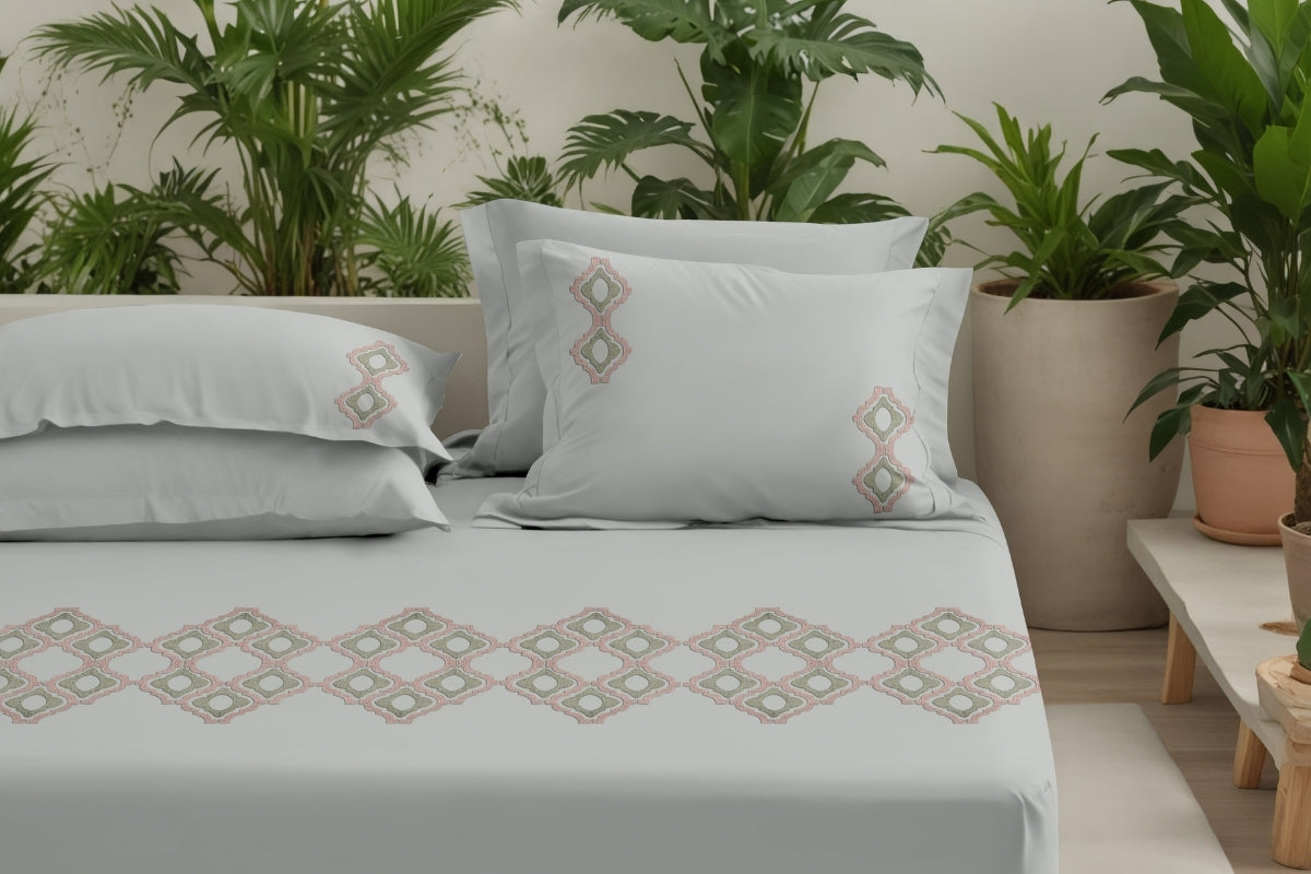 Minted Mosaic - 300 TC Pure Cotton Embroidered Bedsheet