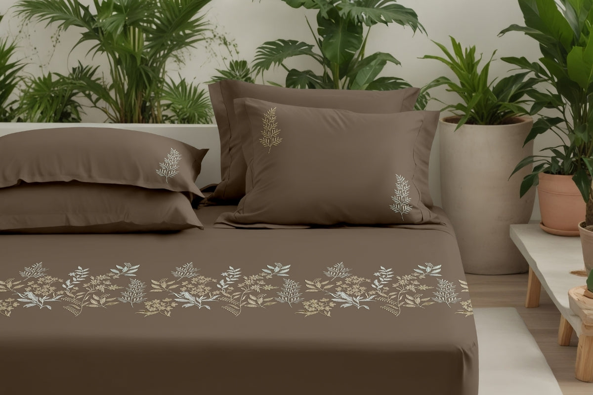 Mocha Grove - 300 TC Pure Cotton Embroidered Bedsheet