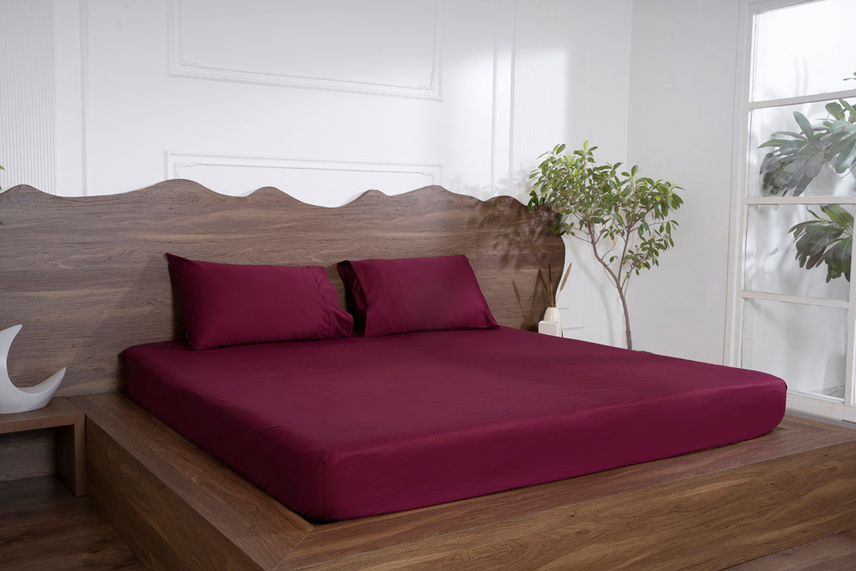 Mulberry Red Pure Cotton Solid Fitted Bed Sheet 500 TC