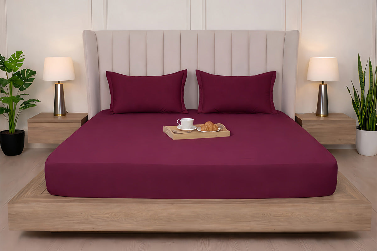 Mulberry Red Pure Cotton Solid Fitted Bed Sheet 300 TC