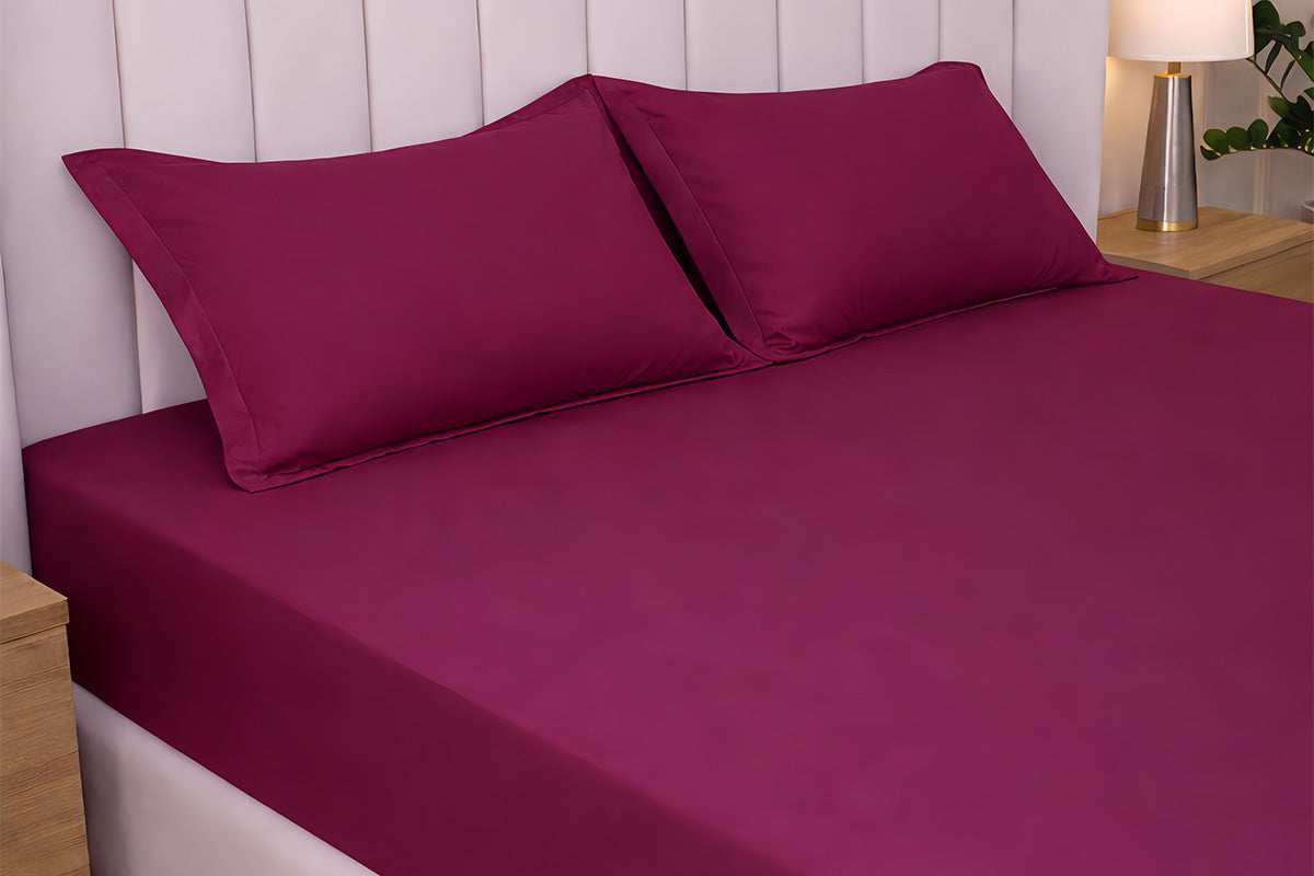 Mulberry Red Pure Cotton Solid Fitted Bed Sheet 300 TC