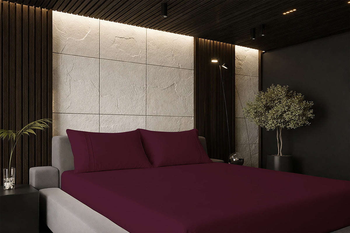 Mulberry Red Pure Cotton Solid Fitted Bed Sheet 500 TC