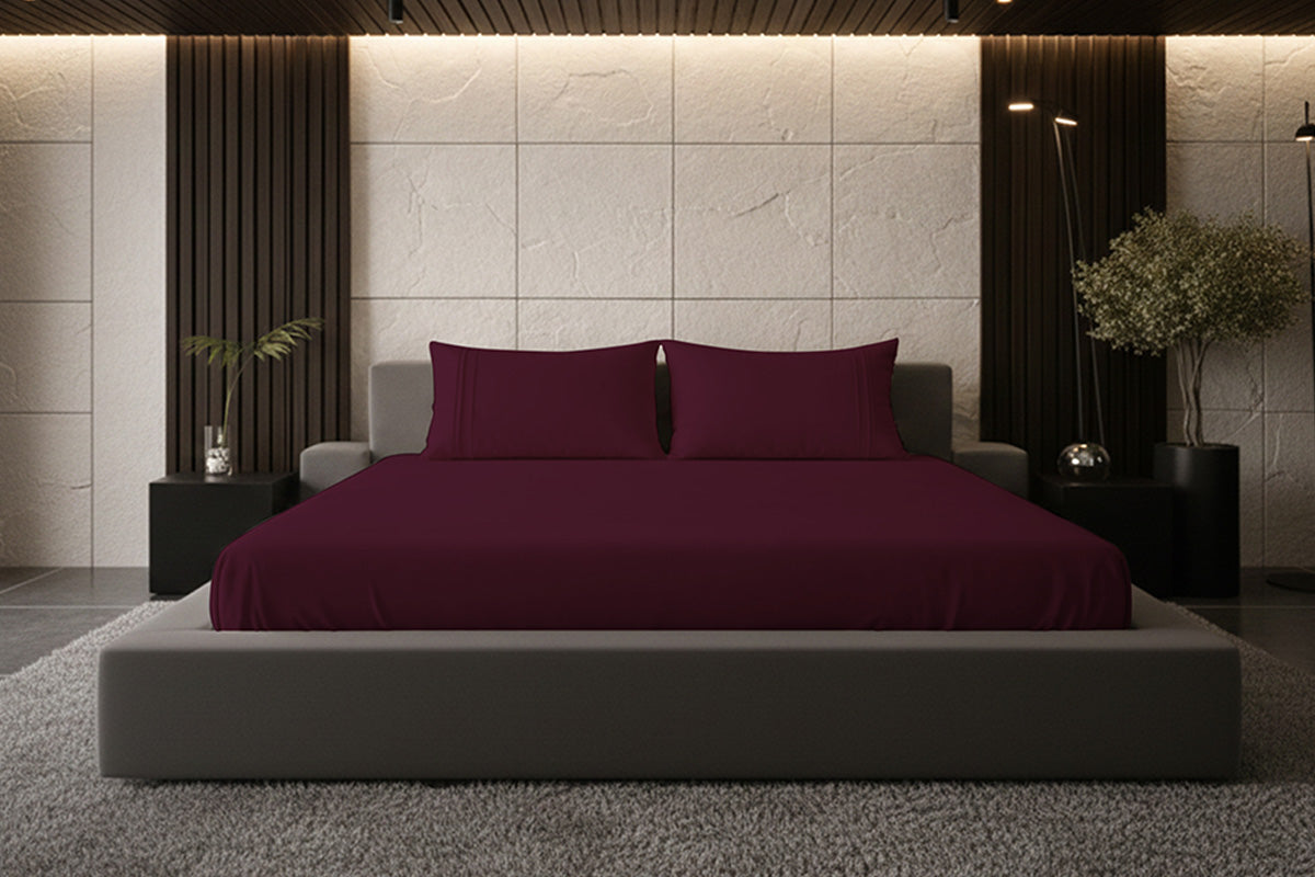 Mulberry Red Pure Cotton Solid Fitted Bed Sheet 500 TC