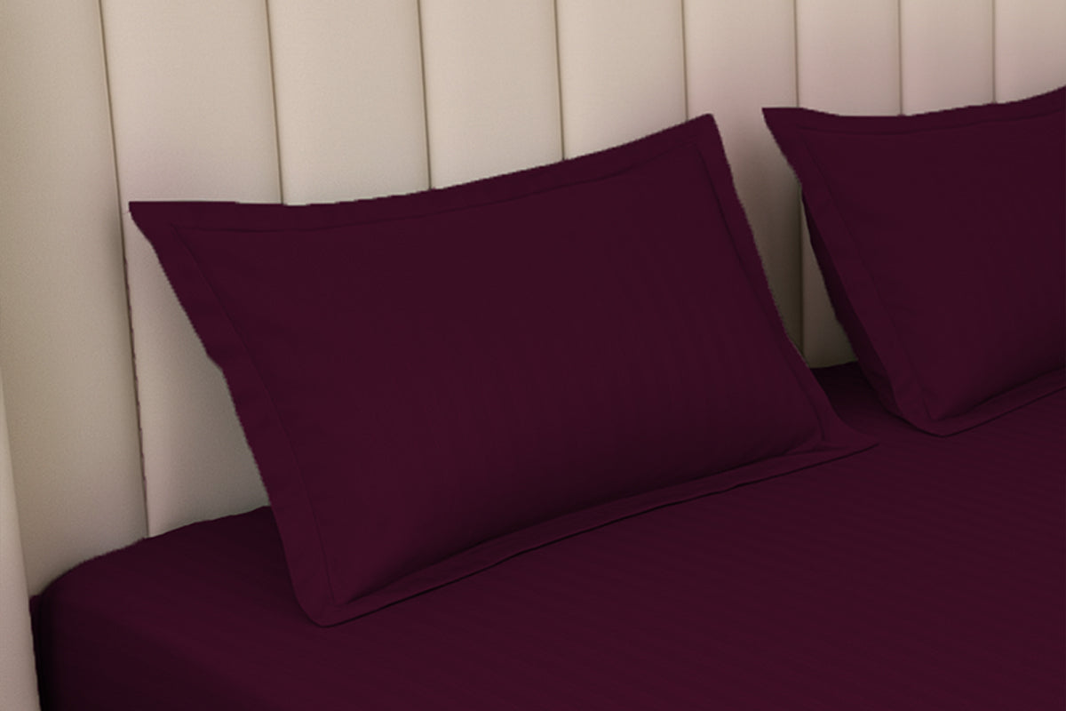 Mulberry Red Pure Cotton Striped Fitted Bed Sheet 300 TC