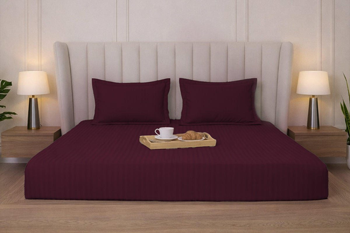 Mulberry Red Pure Cotton Striped Fitted Bed Sheet 300 TC