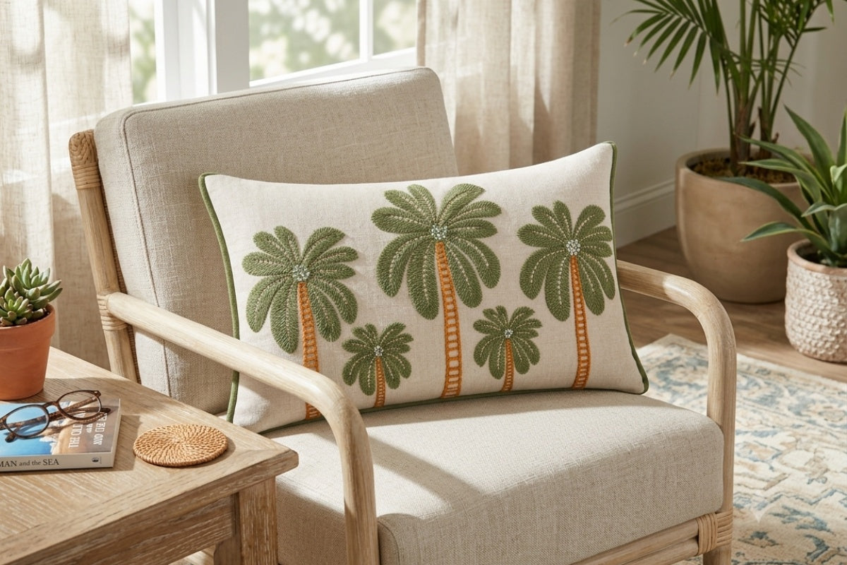 Palm Retreat Hand Embroidered Lumbar Cushion Cover ( Set of 2 )