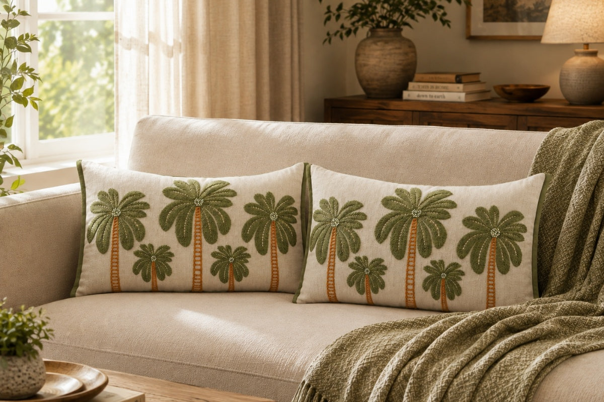Palm Retreat Hand Embroidered Lumbar Cushion Cover ( Set of 2 )