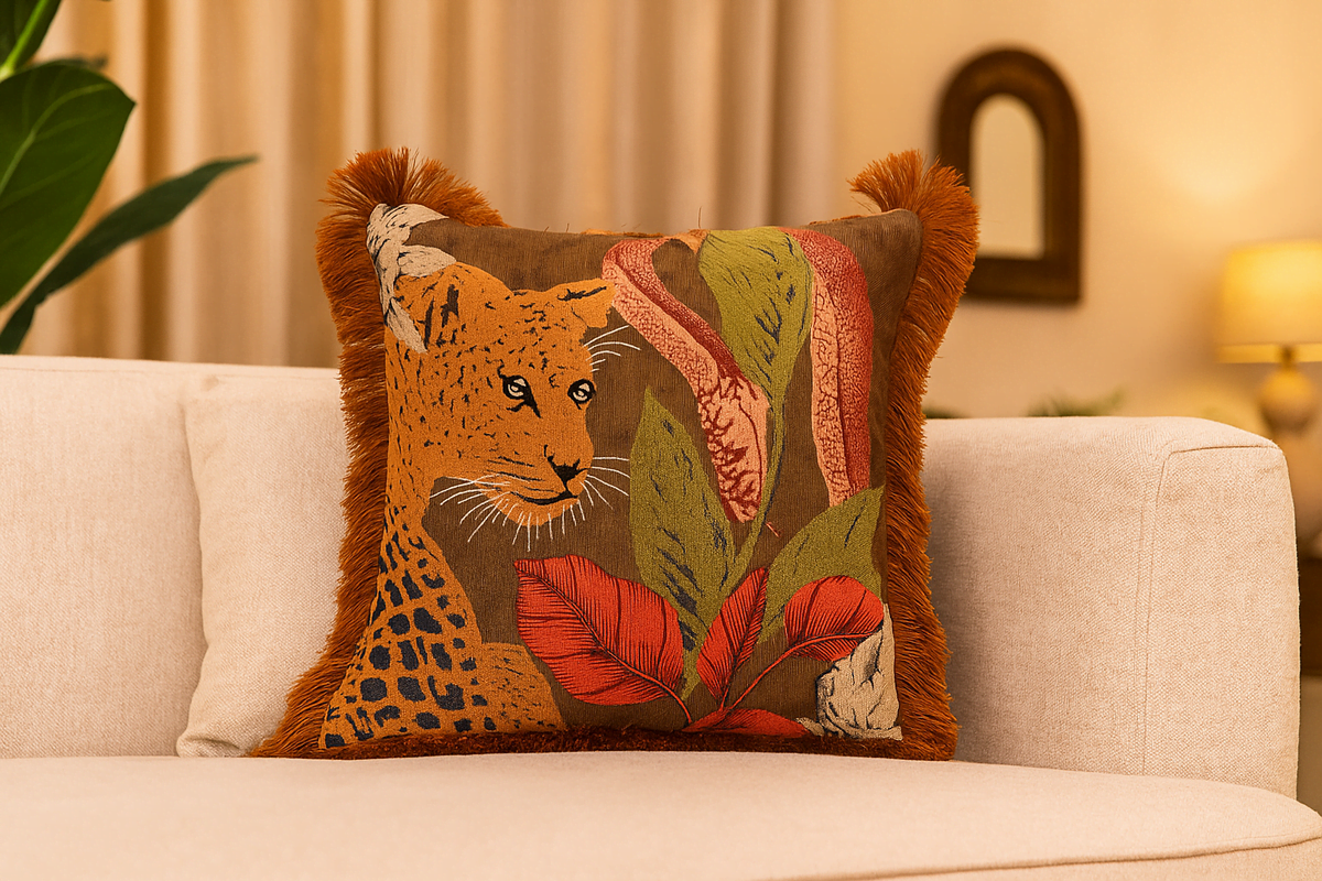 Tropical Panthera Hand embroidered Cushion Cover ( Set of 2 )