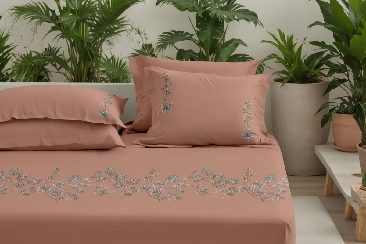 Peach Solenne - 300 TC Pure Cotton Embroidered Bedsheet