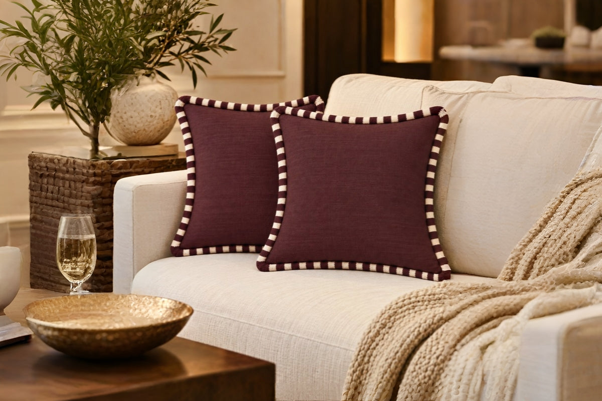 Plum Noir Embroidered Cotton Slub Cushion Cover