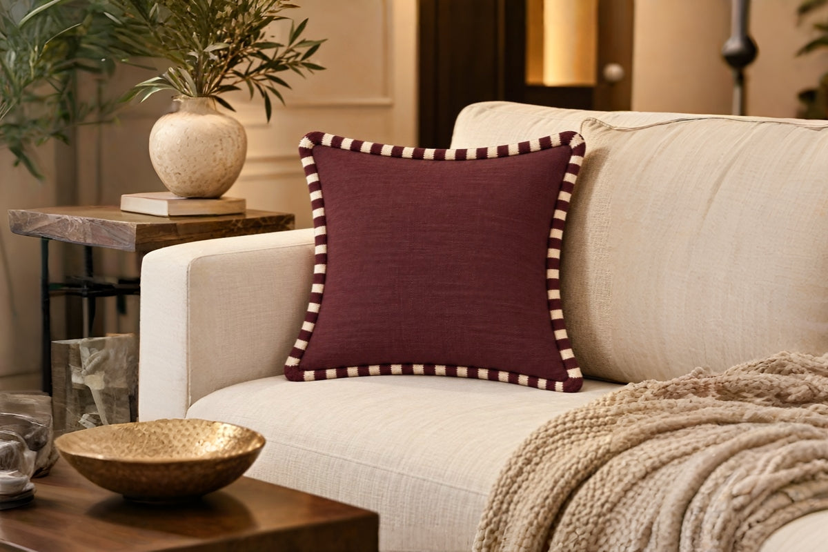 Plum Noir Embroidered Cotton Slub Cushion Cover