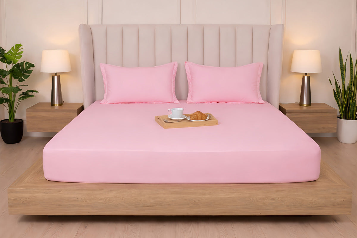 Quarts Pink Pure Cotton Solid Fitted Bed Sheet 300 TC