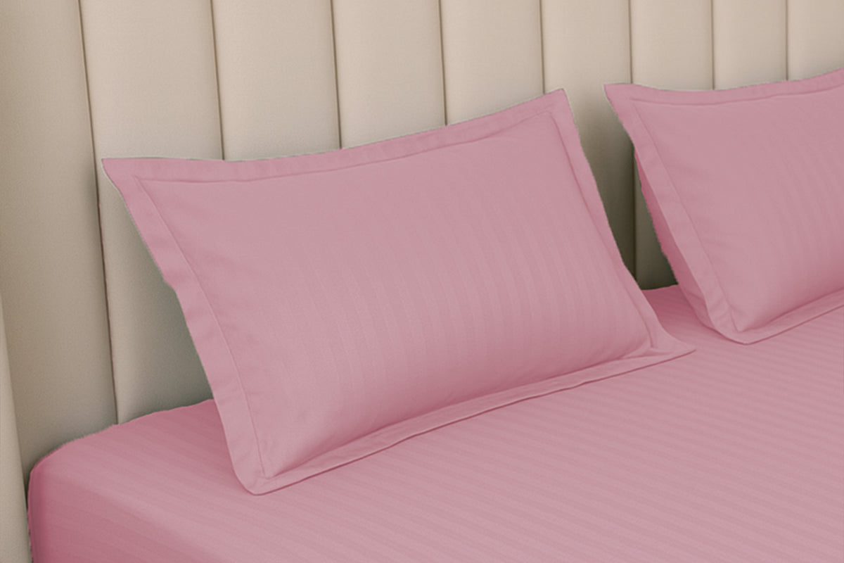 Quarts Pink Pure Cotton Striped Fitted Bed Sheet 300 TC