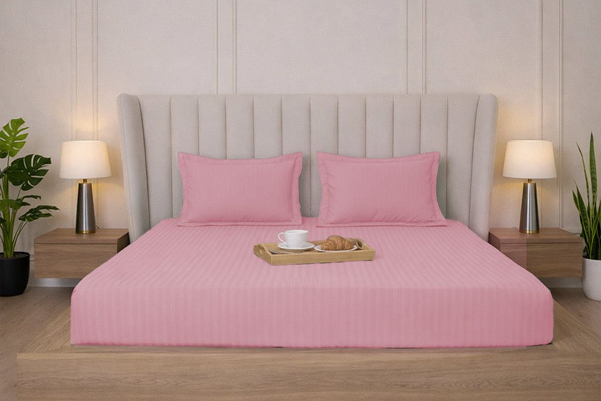 Quarts Pink Pure Cotton Striped Fitted Bed Sheet 300 TC