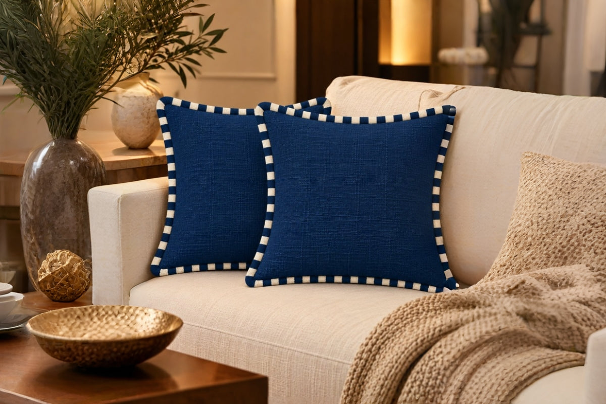 Regal Navy Embroidered Cotton Slub Cushion Cover