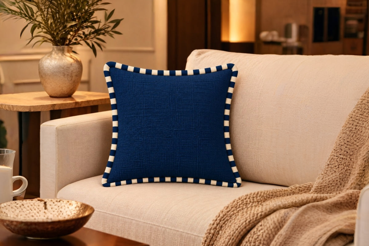 Regal Navy Embroidered Cotton Slub Cushion Cover